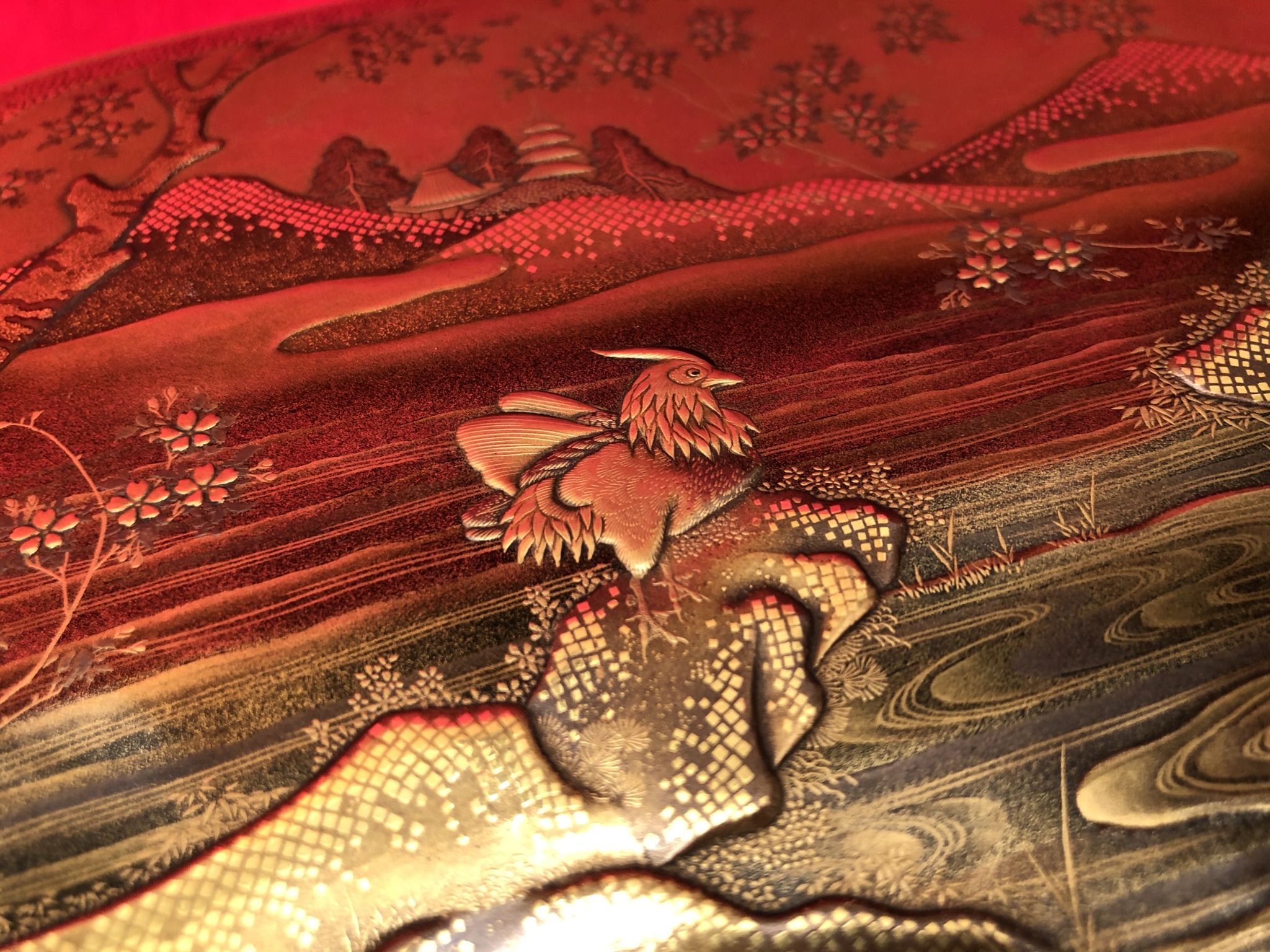 お値下げ　骨董　蛤型　金蒔絵　手提げ三段重 三段重 沈金のし 溜内朱 6.5寸 漆塗り 木製 漆器の井助